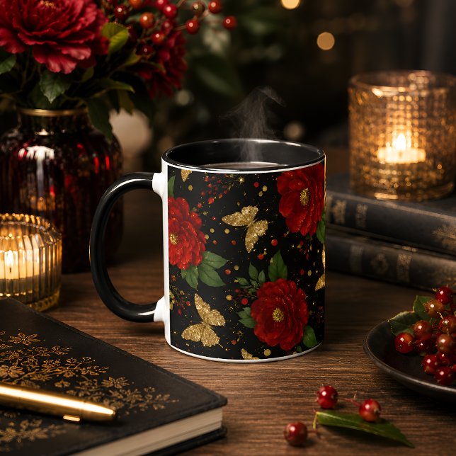 Caneca Elegante Floral Vermelho & Borboleta Dourada (Criador carregado)