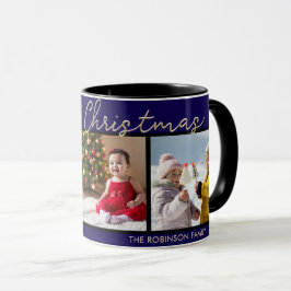 Caneca Elegante Galeria de 3 Fotos Feliz Natal Azul Escur