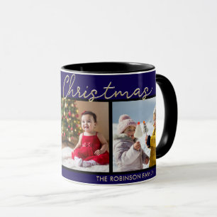 Caneca Elegante Galeria de 3 Fotos Feliz Natal Azul Escur