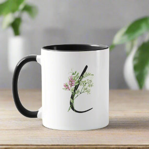 Caneca Elegante Letra Inicial L Folhas De Floral Botânica