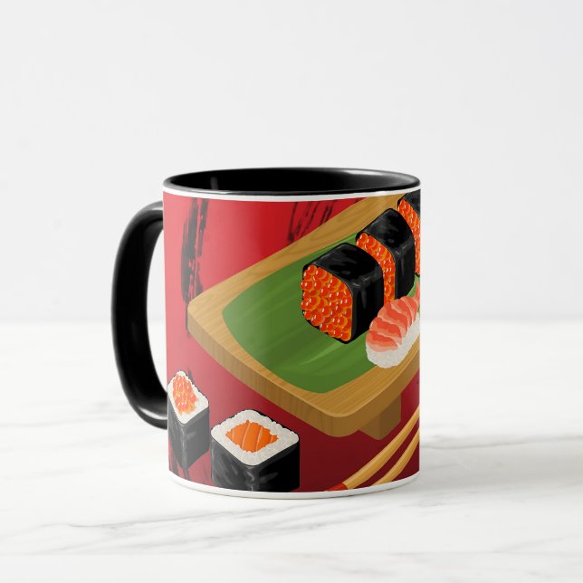 Caneca Elegante Moderno Chic Sushi Preto e Vermelho (Frente Esquerda)
