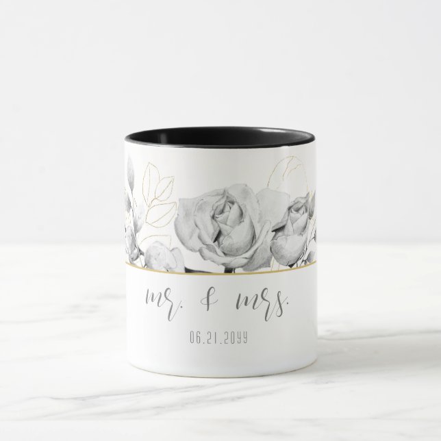 Caneca Elegante Moderno Negra Dourada Casamento Sr. Sra. (Centro)