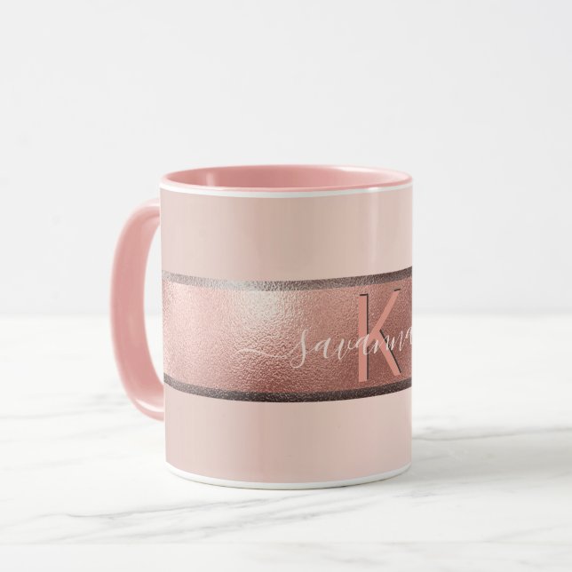 Caneca elegante monograma cor-de-rosa rosa (Frente Esquerda)