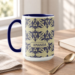 Caneca Elegante Monograma Damasco Azul-Navy Amarelo Vinta