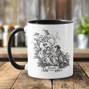 Caneca Elegante Monograma Preto Vintage Toile de Jouy