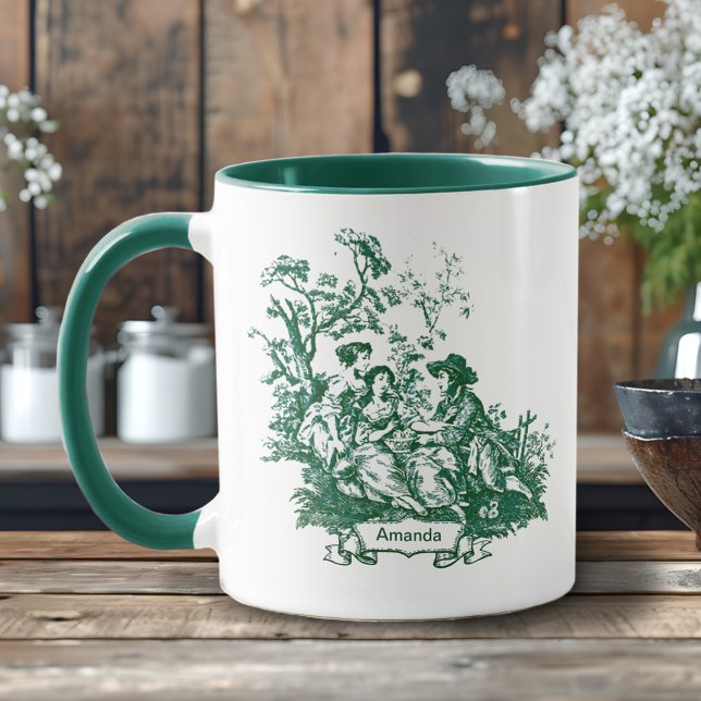 Caneca Elegante monograma verde toile de jouy (Criador carregado)