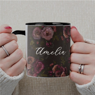 Caneca Elegante padrão floral rosa escuro Borgonha