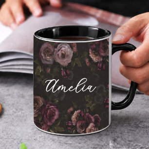 Caneca Elegante padrão floral rosa escuro Borgonha