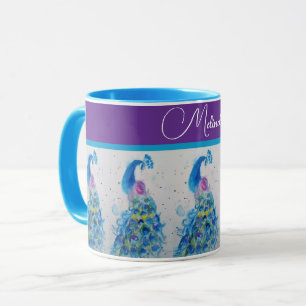 Caneca Elegante Peacock Watercolor Blue Pintura Mulher