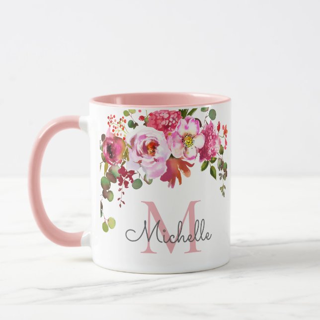 Caneca Elegante Rosa Floral Cor-de-Rosa Monogramado com N (Esquerda)