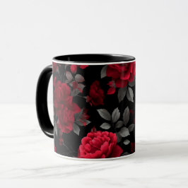 Caneca Elegante Rosa Vermelha Escura Padrão Floral Preto