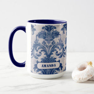 Caneca Elegante Toile de Jouy Azul Damask Monograma