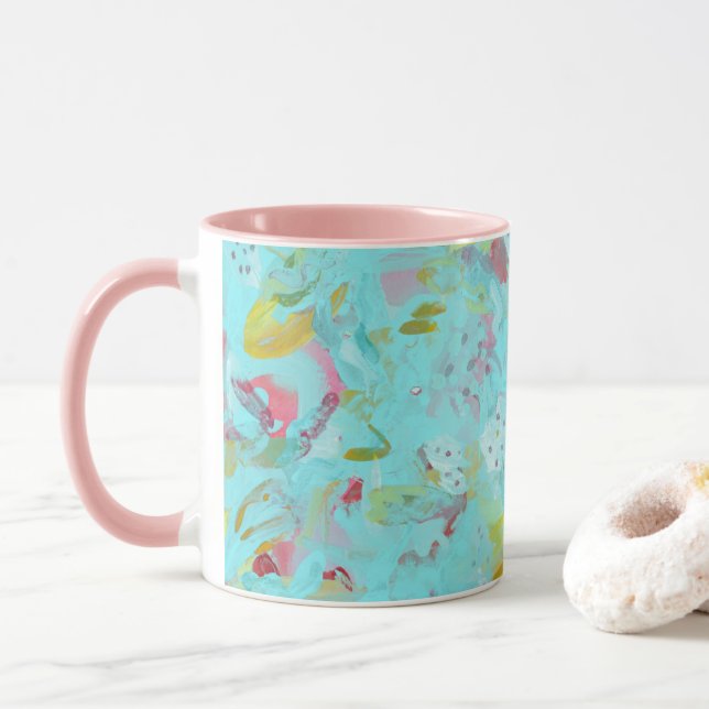 Caneca Elegante Turquesa Oasis Abstrato com Rosa (Com Donut)