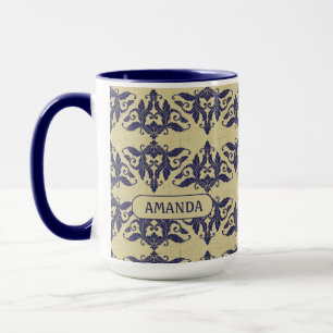 Caneca Elegante vintage damask marinho Monograma amarelo