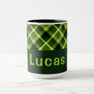Caneca Elegante Xadrez verde de ervilha monograma de 15 o