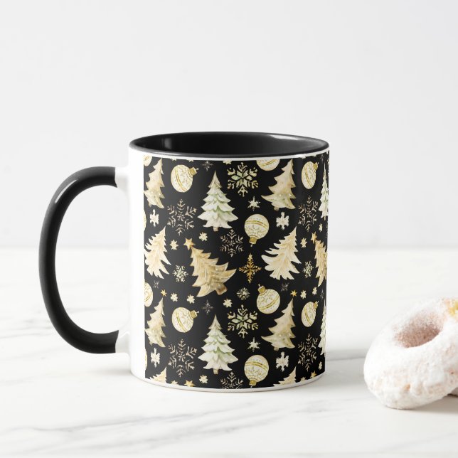 Caneca Elegantes Bolas de Natal em Preto e Dourado com Fl (Com Donut)