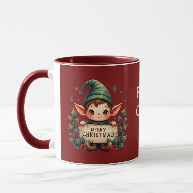 Caneca Elfo de Natal Fofo Segurando Placa Merry Vermelha (Esquerda)