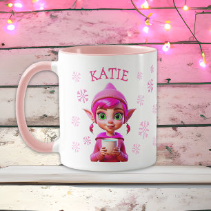 Caneca Elfo de Natal Personalizado Flocos de Neve Rosa Fe