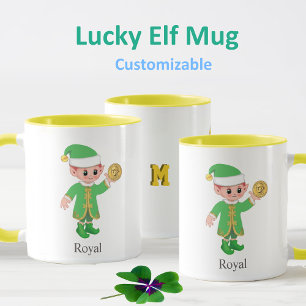 Caneca Elfo Sortudo Moderno com Caligrafia & Monograma