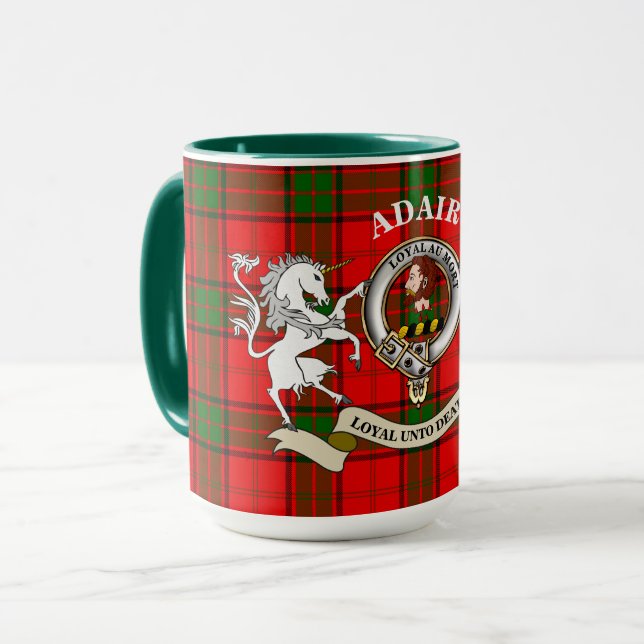 Caneca Emblema do Clã Adair & Tartan c/Unicórnio (Frente Esquerda)