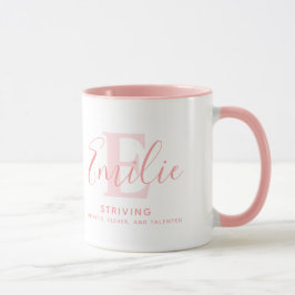 Caneca Emílio: significado e monograma de texto rosa mole