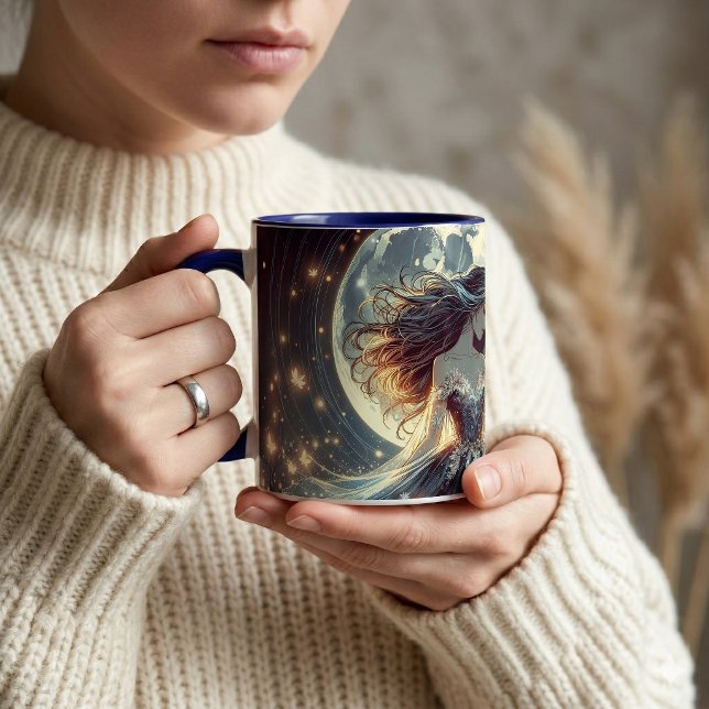 Caneca Encantadora Fantasia de Borboleta ao Luar (Moonlit Butterfly Enchantress Fantasy Mug In Use)