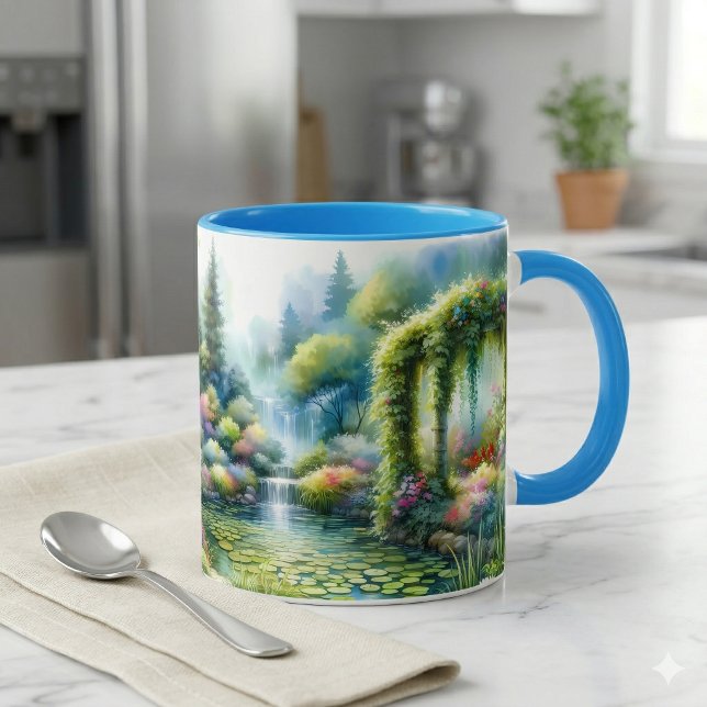 Caneca Enchanted Waterfall Garden Lily Pond (Enchanted Waterfall Garden Lily Pond Mug On Marble Counter)
