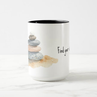 Caneca Encontre Seu Equilíbrio Pilha de Seixos Zen em Aqu