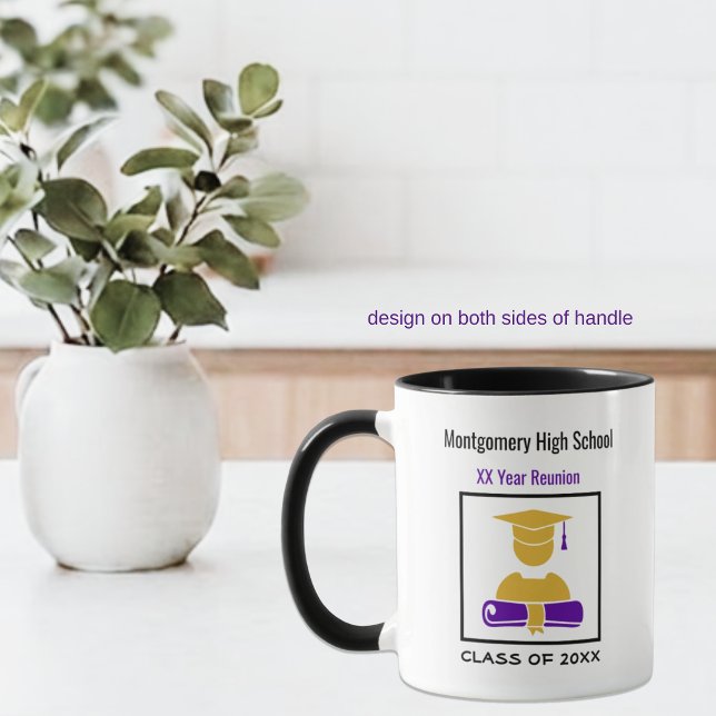 Caneca Encontro de Ex-Alunos do Ensino Médio Roxo e Doura (Gold and purple class reunion ceramic mug )