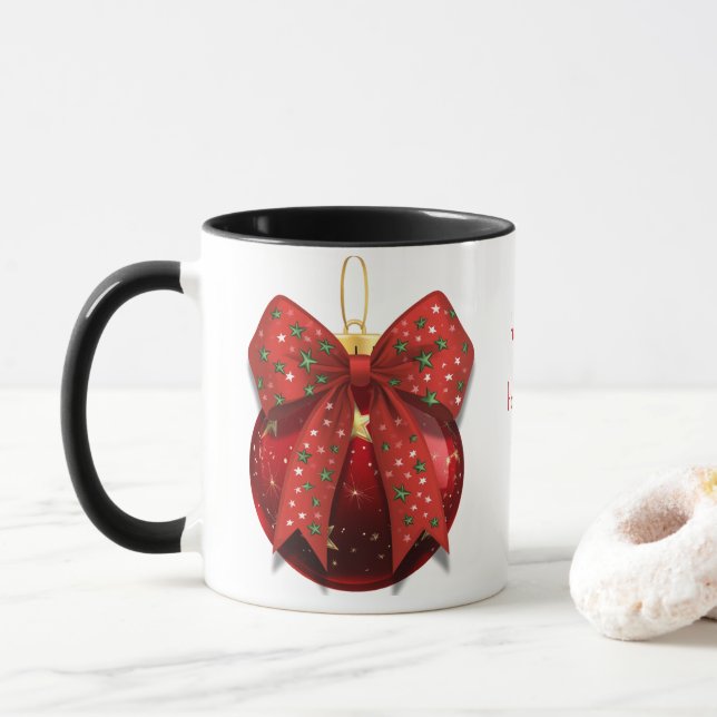 Caneca Enfeite Vermelho de Feriado com Laço  (Com Donut)