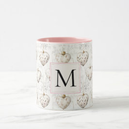 Caneca Enfeites de Coração Branco Rosa Chic Monograma