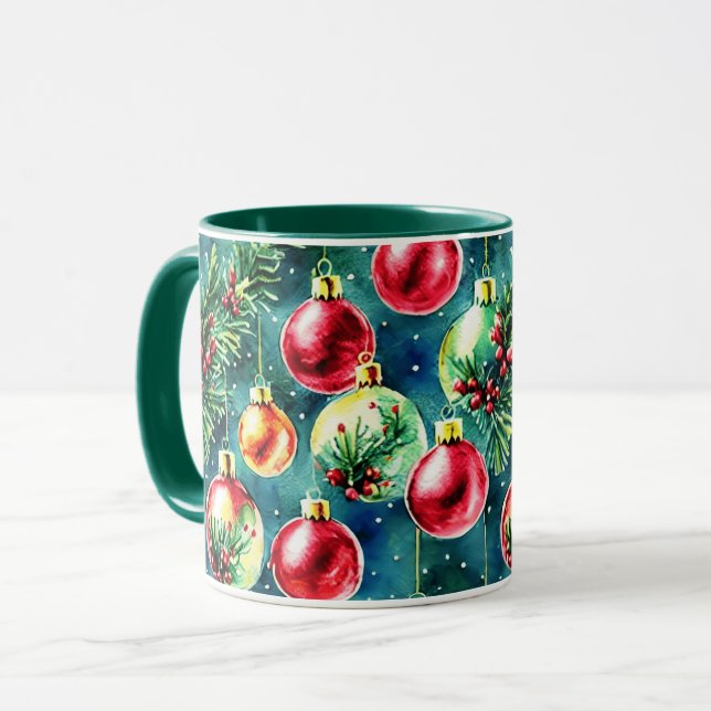 Caneca Enfeites de natal de aquarelas, vermelhos e verdes (Frente Esquerda)