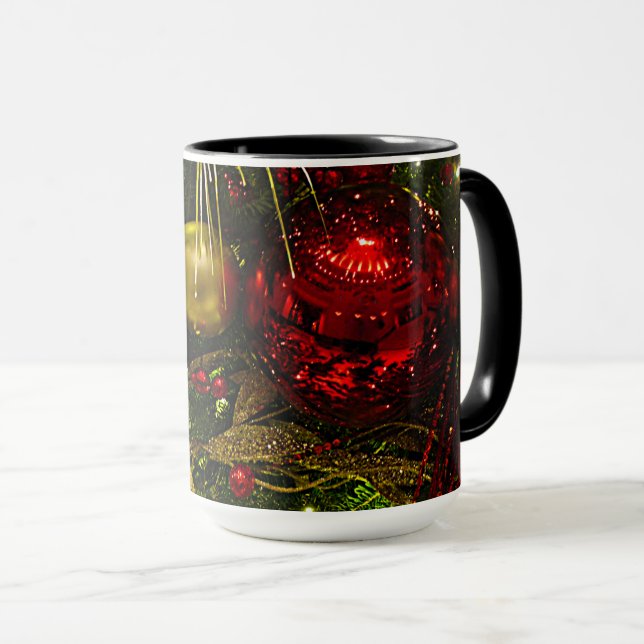 Caneca Enfeites de natal Dourados e vermelhos da árvore d (Frente Esquerda)