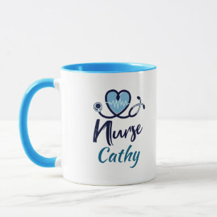 Caneca Enfermeira Azul Adorável Coração Personalizado