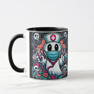Caneca Enfermeira Fantasma Jogada em Máscara e Chapéu: Ha