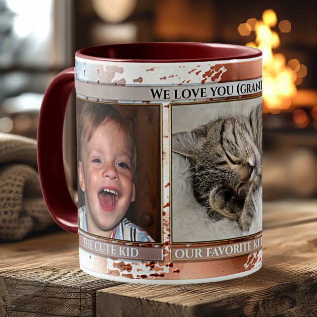 Caneca Engraçada Artista Azul Castanho, Fita Fotografia G (Funny photo mug featuring 3 photos of your favorite family members framed by an artistic design)