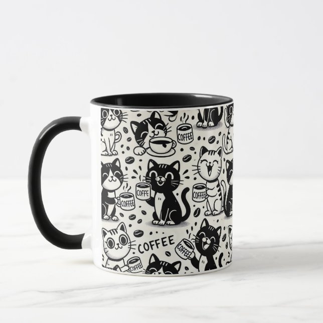 Caneca Engraçada de Gato Preto e Branco Bebendo Ca (Esquerda)