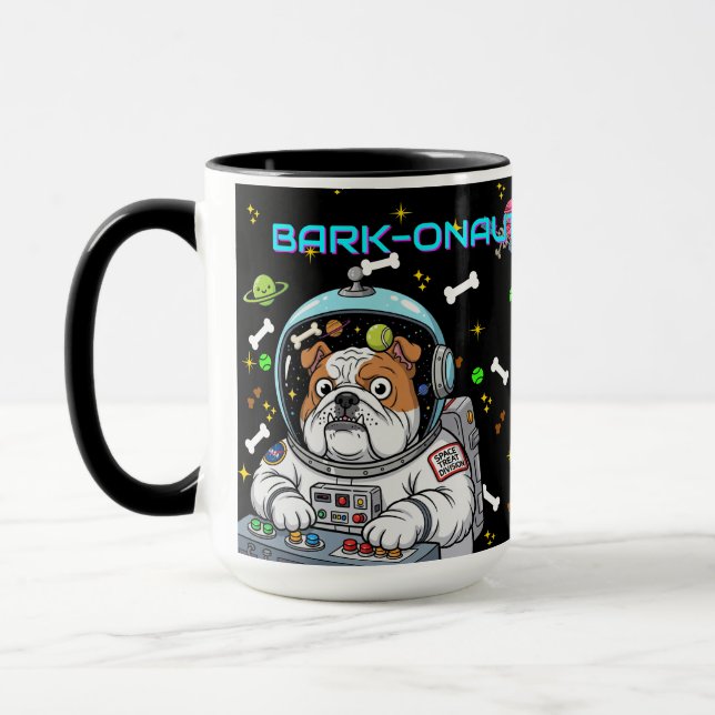 Caneca Engraçado Bulldog Espacial "Barkonaut" (Esquerda)
