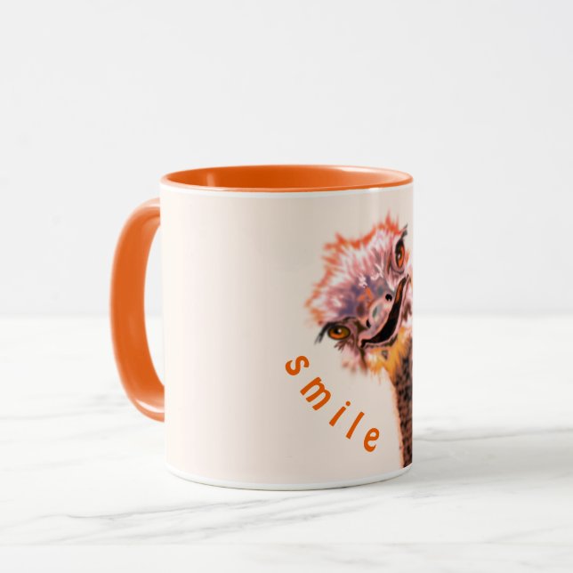 Caneca Engraçado Mug Dando Feliz Jogo de Ostrich - Sorria (Frente Esquerda)