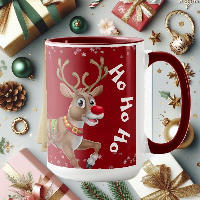 Caneca Engraçado Papais noeis de Natal Reindeer Sleigh Ho (Funny Christmas Santa Reindeer Sleigh Ho-Ho-Ho Red Mug)