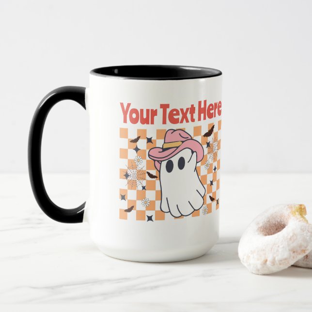 Caneca Engraçado Pastel Ghost Retro Halloween Texto Perso (Com Donut)