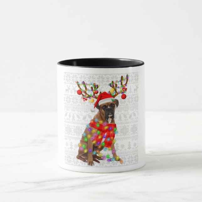 Caneca Engraçado Reindeer Boxer Cachorro Luzes de Natal (Centro)