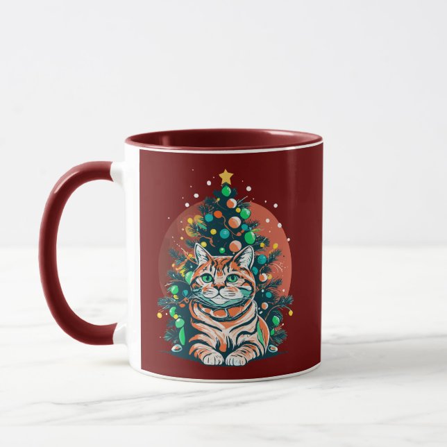 Caneca Engraçado Tabby Cat Felry Xmas Pajamas Tree de Nat (Esquerda)