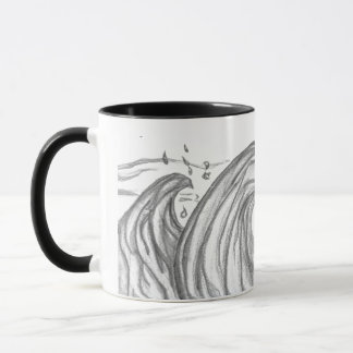 Caneca Enorme onda do oceano preta e branca desenhada à m