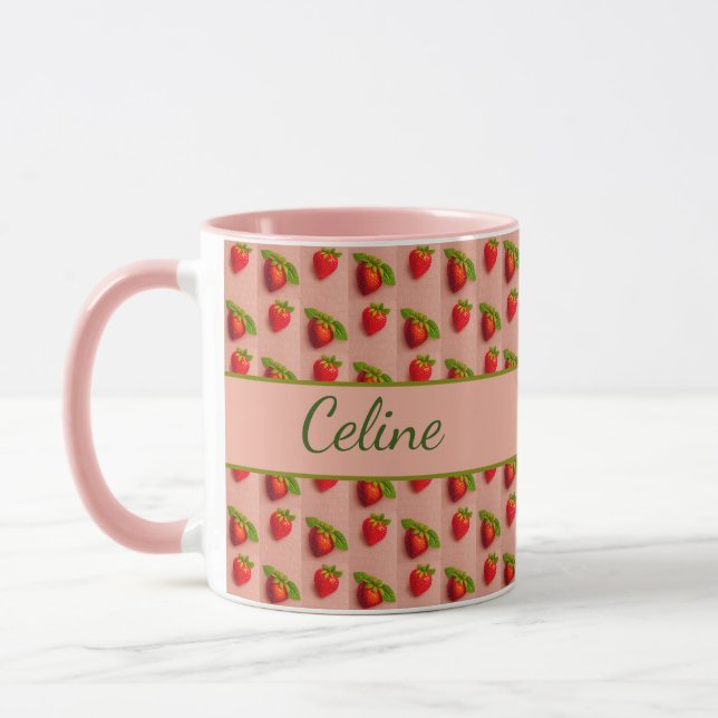 Caneca Erdbeeren auf einem rosa Hintergrund in Stoffoptik (Esquerda)