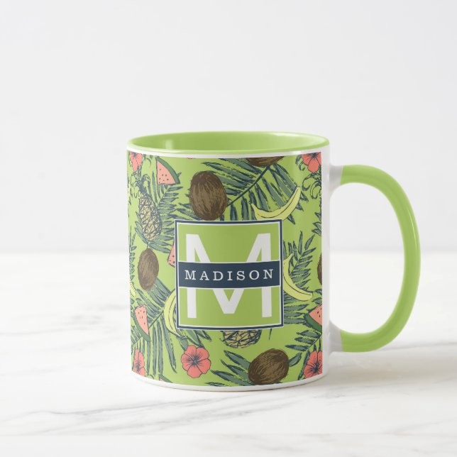 Caneca Esboço da fruta tropical no teste padrão verde (Direita)