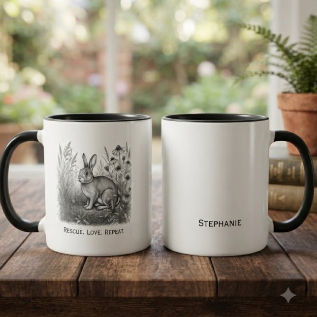 Caneca Esboço Monocromático de Resgate de Coelho com Cora (Monochrome sketch rabbit art for rescue advocates and pet parents honoring their bond.)