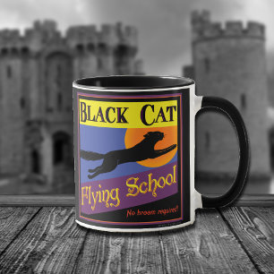 Caneca Escola de Voo de Gato Preto Arte de Halloween Vint