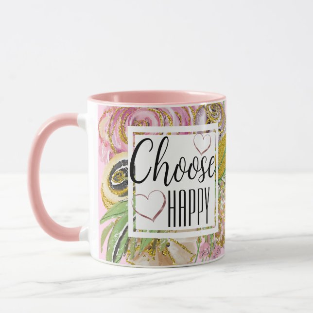 Caneca Escolha Feliz Rosa Dourado Brilhante (Esquerda)