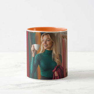 Caneca Escolhendo um Tecido com Café na Mão 2